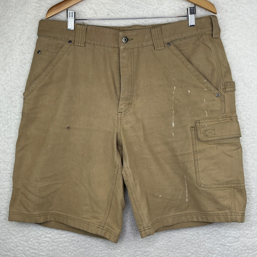 Duluth Trading Co Mens 38 Tan Canvas Cargo Utility Shorts Carpenter 10"
